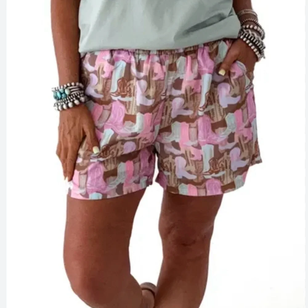 Two 2 Fly Cowboy Boot Print Shorts Pink Brown Tan Pull On Elastic Waist NWT M - Picture 2 of 9